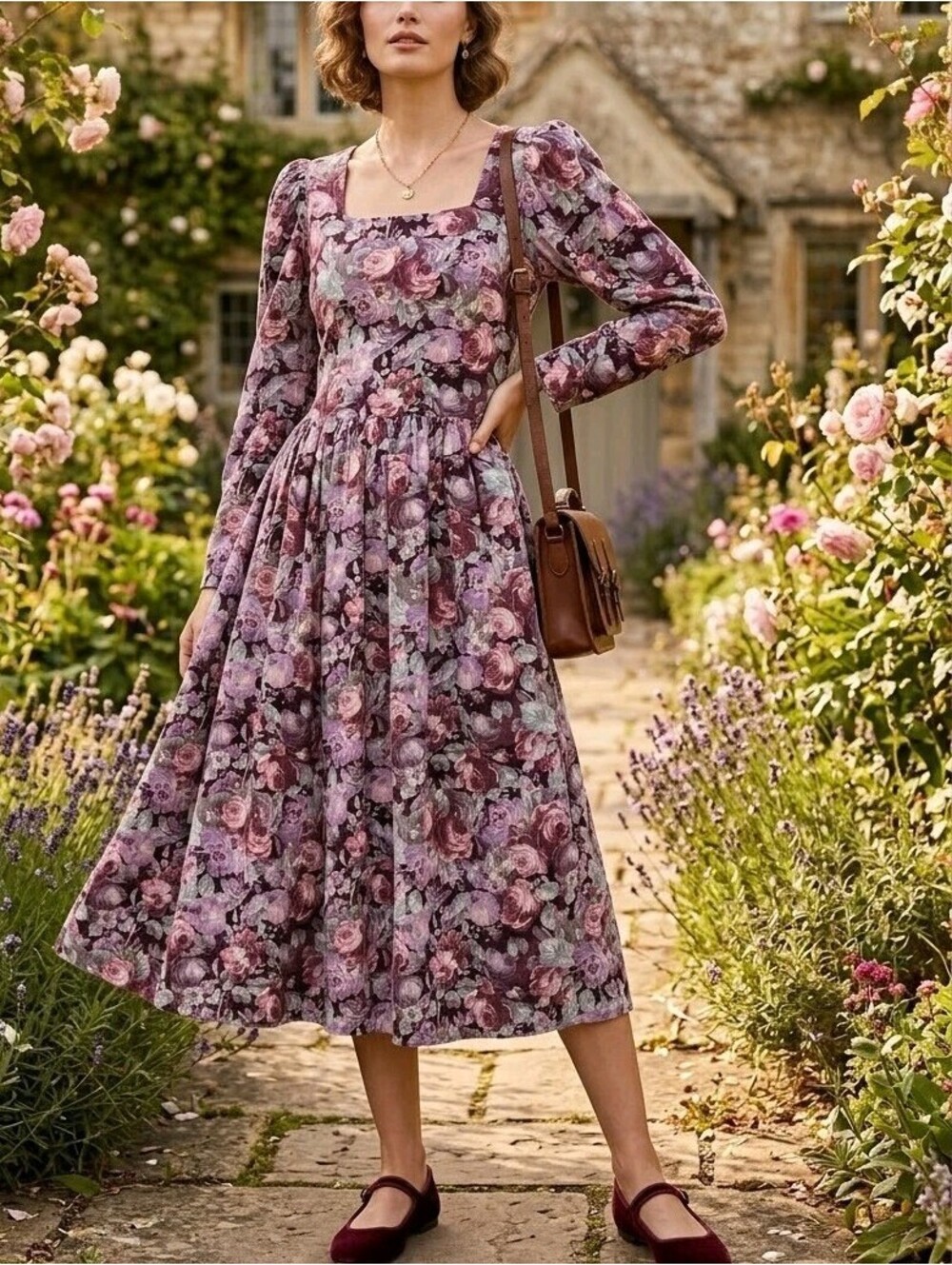 Laura Ashley Dress Womens 14 Multicolor Floral Corduroy Puff Sleeve Midi
